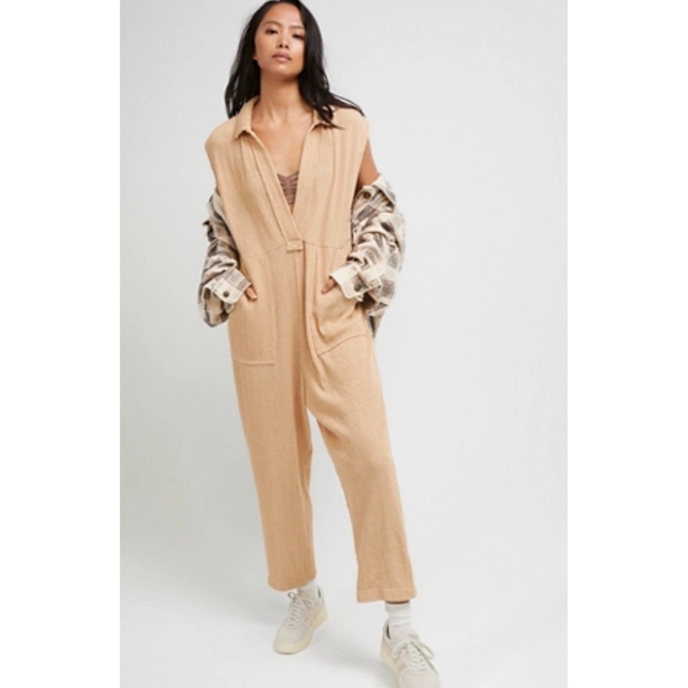 Free People Beach Womens Jumpsuit, Romper, One Piece, Med, Camel, Relaxed, Comfy